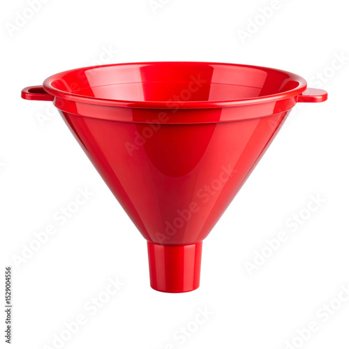 A bright red plastic funnel with a wide mouth and narrow spout, designed for easy pouring and transferring liquids or powders. photo