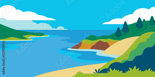 Peaceful Coastal Bay Landscape Background with Calm Water and Shoreline Vector Illustration