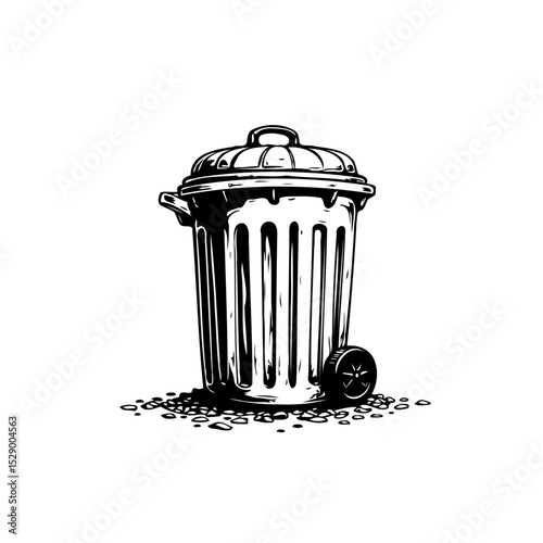 Detailed sketch of a trash can with lid and wheel for waste disposal concept
