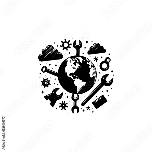 Global Maintenance and Repair Illustration with Tools and World Map Graphic