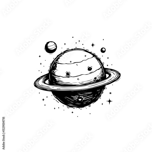 Hand-drawn illustration of planet saturn in galaxy with stars on white background