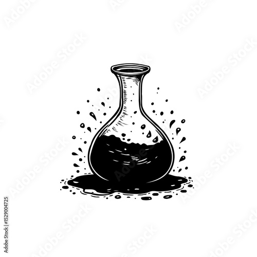 Stylized Flask with Liquid Spill: A Scientific Illustration in Black and White