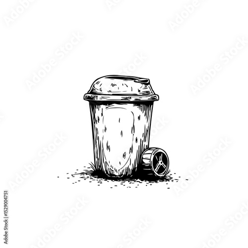 Environmental illustration of coffee cup and plastic lid discarded, pollution concept