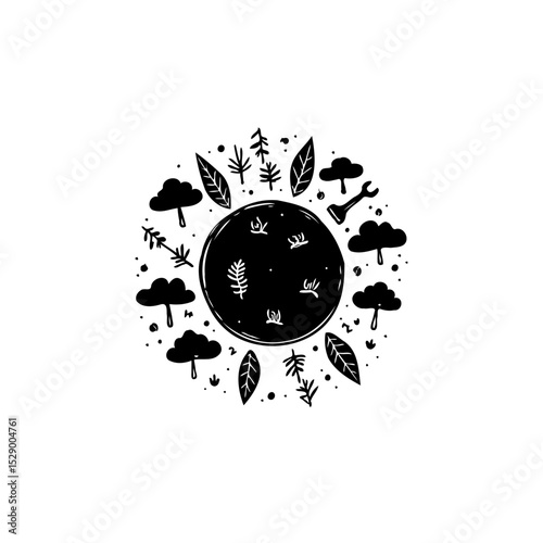 Minimalist circular vector design showcasing nature elements and abstract shapes