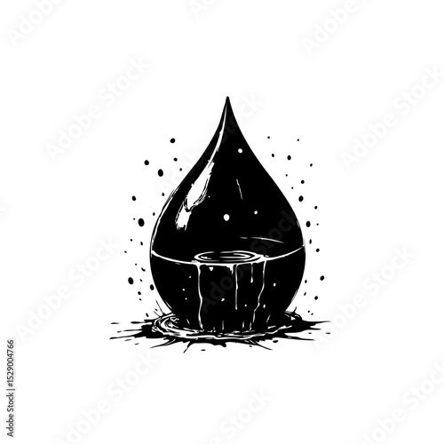 Monochrome depiction of a large water droplet with intricate details and texture