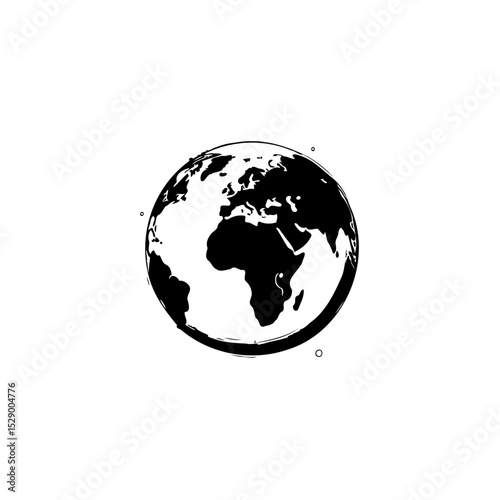 Black and white illustration of Earth showcasing continents and oceans design