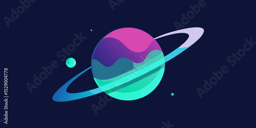 Abstract Curved Ring System Around Shimmering Neon Planet Vector Illustration Background