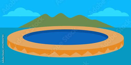 Dramatic Crater Lake Landscape Background with Deep Blue Water Vector Illustration