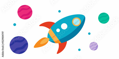Playful Cartoon Rocket Ship Orbiting Various Planets Vector Illustration