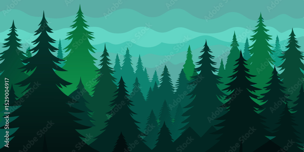 Obraz premium Lush Dense Pine Forest Landscape Background with Tall Trees Vector Illustration