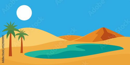 Refreshing Desert Oasis Landscape Background with Water and Greenery Vector Illustration