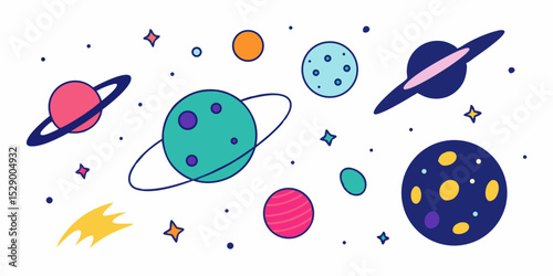 Playful Doodle Style Cartoon Space Elements with Planets and Rockets Vector Illustration