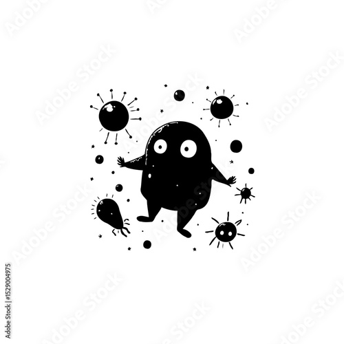 Cartoonish Virus Character Illustration in Black and White for Health Awareness Content
