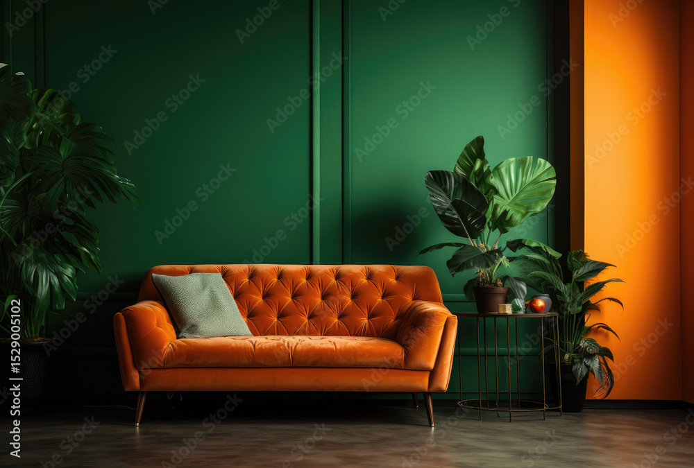 Obraz premium A stylish mid-century modern green couch set within a vibrant interior space adorned with plants, creating a lively and welcoming atmosphere perfect for relaxation.