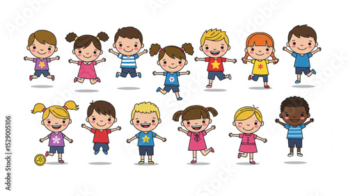 Happy diverse children jumping playing joyfully a cheerful scalable graphic perfect for kids branding projects websites and educational materials