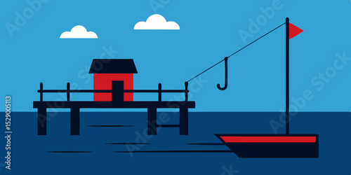 Rustic Fishing Dock Over Calm Lake Background Vector Illustration