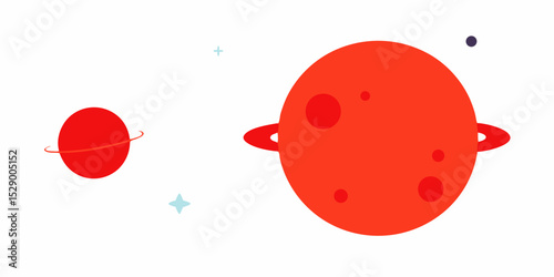 Minimal Flat Design of Tiny Moon Orbiting Giant Red Planet Vector Illustration Background