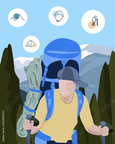 Vector isolated illustration of a hiker with a backpack in the mountains. Camping in the mountains.