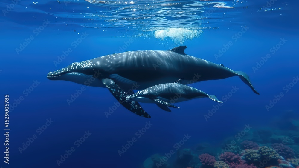 Fototapeta premium serene underwater scene featuring a mother humpback whale and her calf swimming gracefully through the deep blue ocean