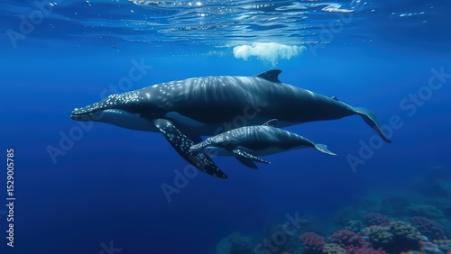 serene underwater scene featuring a mother humpback whale and her calf swimming gracefully through the deep blue ocean
