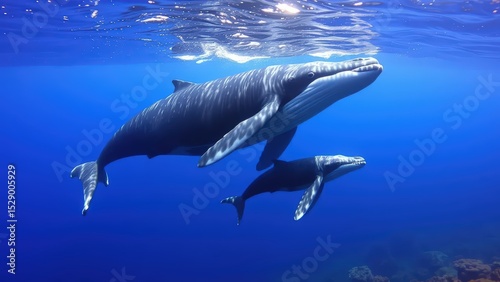 serene underwater scene featuring a mother humpback whale and her calf swimming gracefully through the deep blue ocean