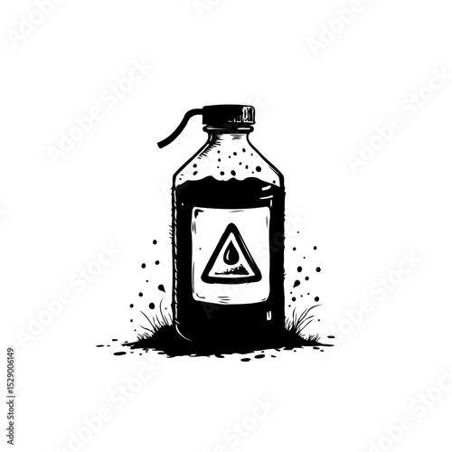 Monochrome illustration of a hazardous liquid bottle with warning label design