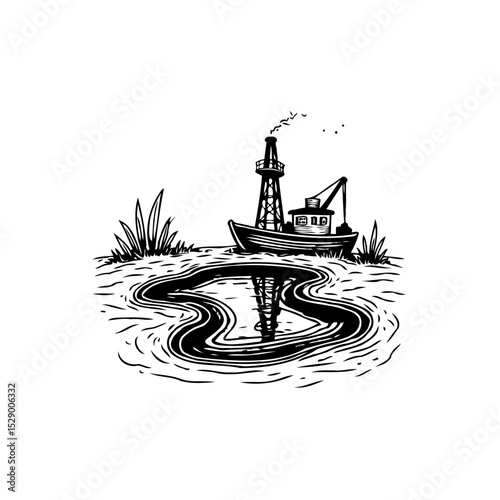 Retro Oil Rig Illustration Reflected in Water with Grassy Shoreline Depicting Energy Production
