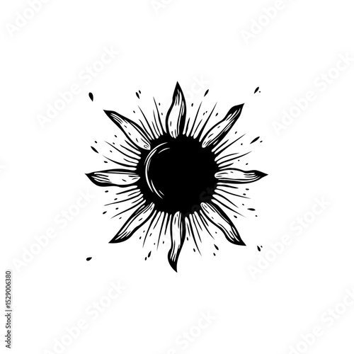 Monochrome Sun Illustration with Ray-Like Petals on a White Background, Celestial Motif