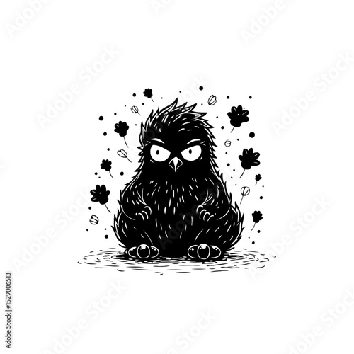 Angry Cartoon Bird Illustration with Floral Accents, Quirky Character Design