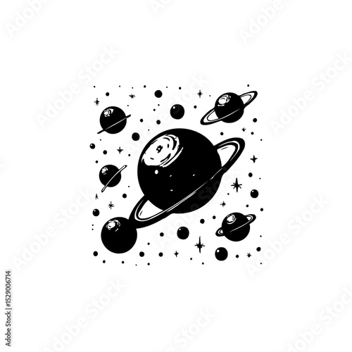 Minimalist black and white vector illustration of planets in a cosmic arrangement