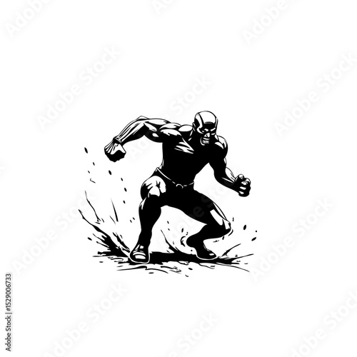 Dynamic Black and White Illustration of a Muscular Superhero Figure Ready for Action