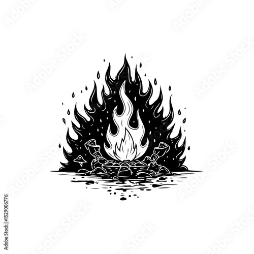 Illustration of a fiery campfire with wood logs in monochrome style art