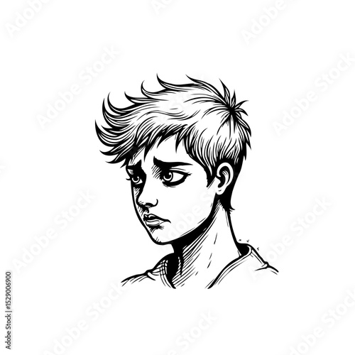 Black and white illustration of a sad and thoughtful young person