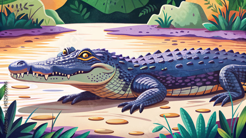 crocodile sunbathing on a muddy riverbank perfect for wildlife scenes, jungle environments, educational content, and tropical nature illustrations
