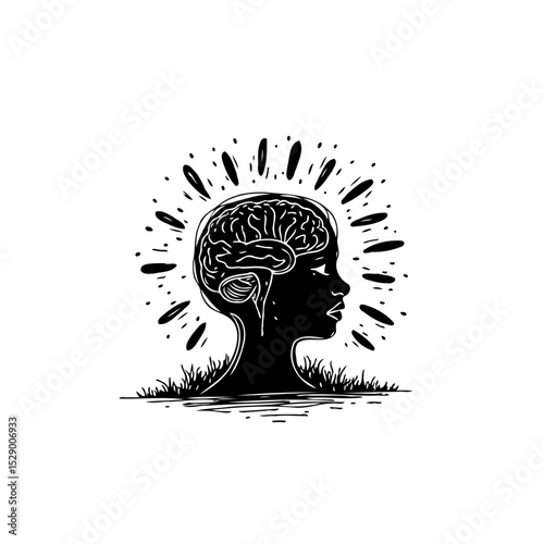 Intricate Black and White Silhouette of Human Brain, Mind and Mental Acuity