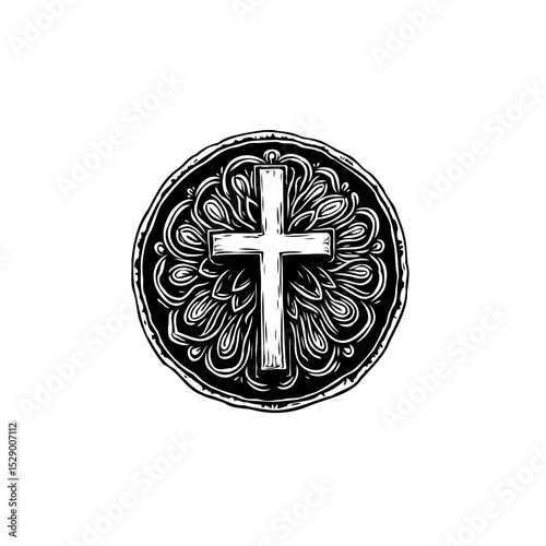 Monochrome illustration of a Christian cross with intricate floral design background