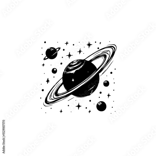 Minimalist planet saturn illustration with stars and celestial objects design