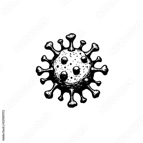 Detailed black and white hand drawn illustration of a coronavirus cell