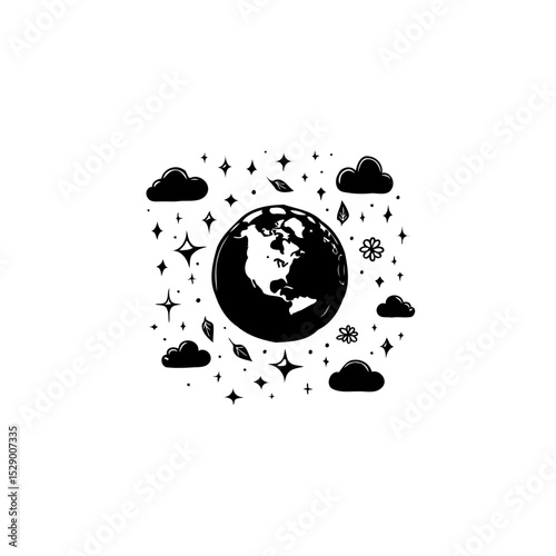 Black and white earth illustration surrounded by clouds and stars, minimalistic design