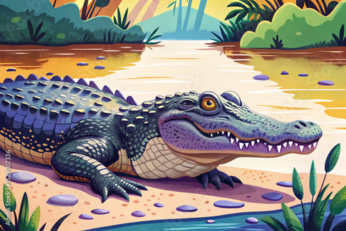 crocodile sunbathing on a muddy riverbank perfect for wildlife scenes, jungle environments, educational content, and tropical nature illustrations