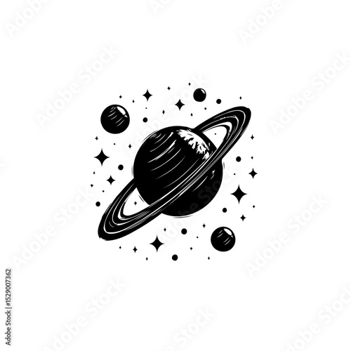 Minimalistic Saturn planet illustration against a backdrop of stars and planets