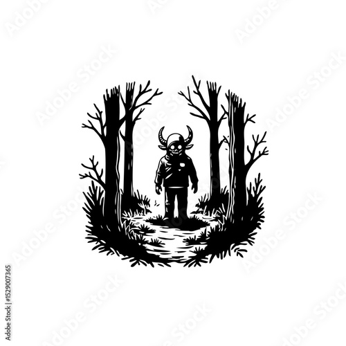 Enigmatic Forest Dweller: A Black and White Illustration of a Horned Figure