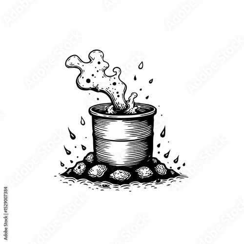 Minimalist illustration: Overflowing liquid in a container with rustic textures