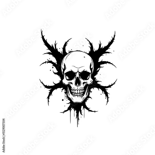 Skull with thorny branches evoking gothic and macabre themes on white background