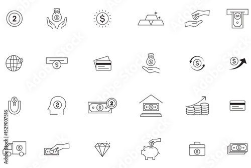 24 Thin Line Money Icons Set . Modern Payment Linear Symbols . money management, wallet, banking, ATM, piggy bank, investment profit, finance growth chart, money increase, finance icon collections.  
