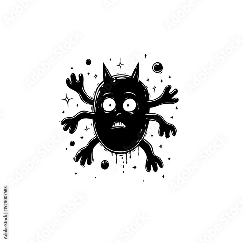 Spooky black and white cartoon monster with surprised expression and multiple arms