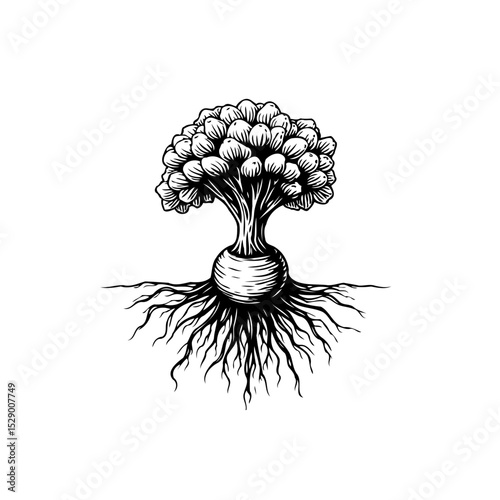 Abstract conceptual illustration: Tree with fruit, root system, and a bulb-like base