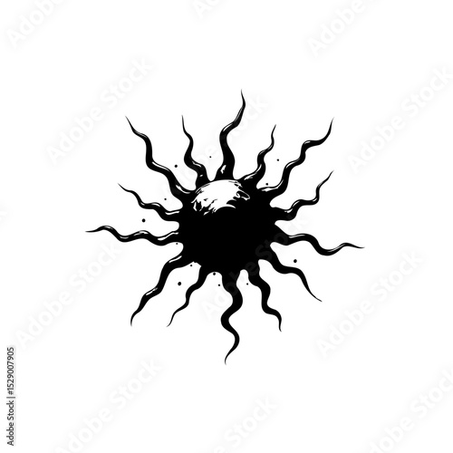 Abstract sun graphic with menacing rays and dark aura, radiating a unique energy