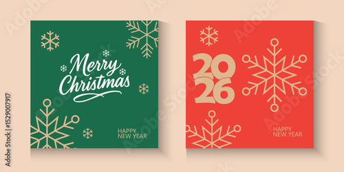 set of Merry Christmas and Happy New Year 2026 greeting card, poster, banner, holiday cover. Xmas template in watercolor style with 2026 design in gold green blue and red colors for ads and promo web