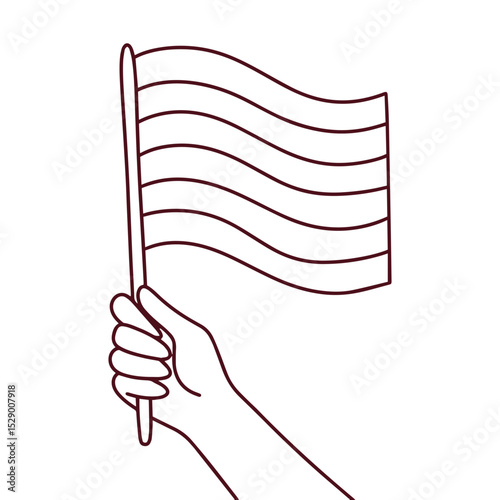Monochrome line art of light-skinned hand holding striped rainbow flag. Minimal symbol of LGBT identity, pride, and protest